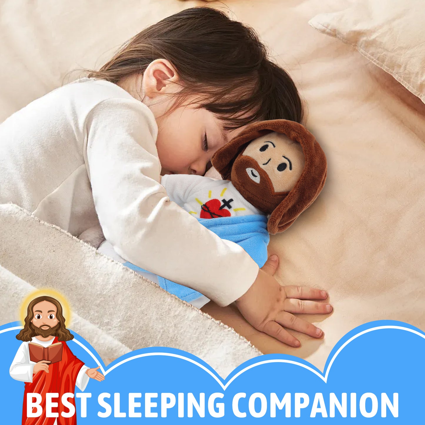 Blue Sacred Heart of Jesus Plush-White/Brown