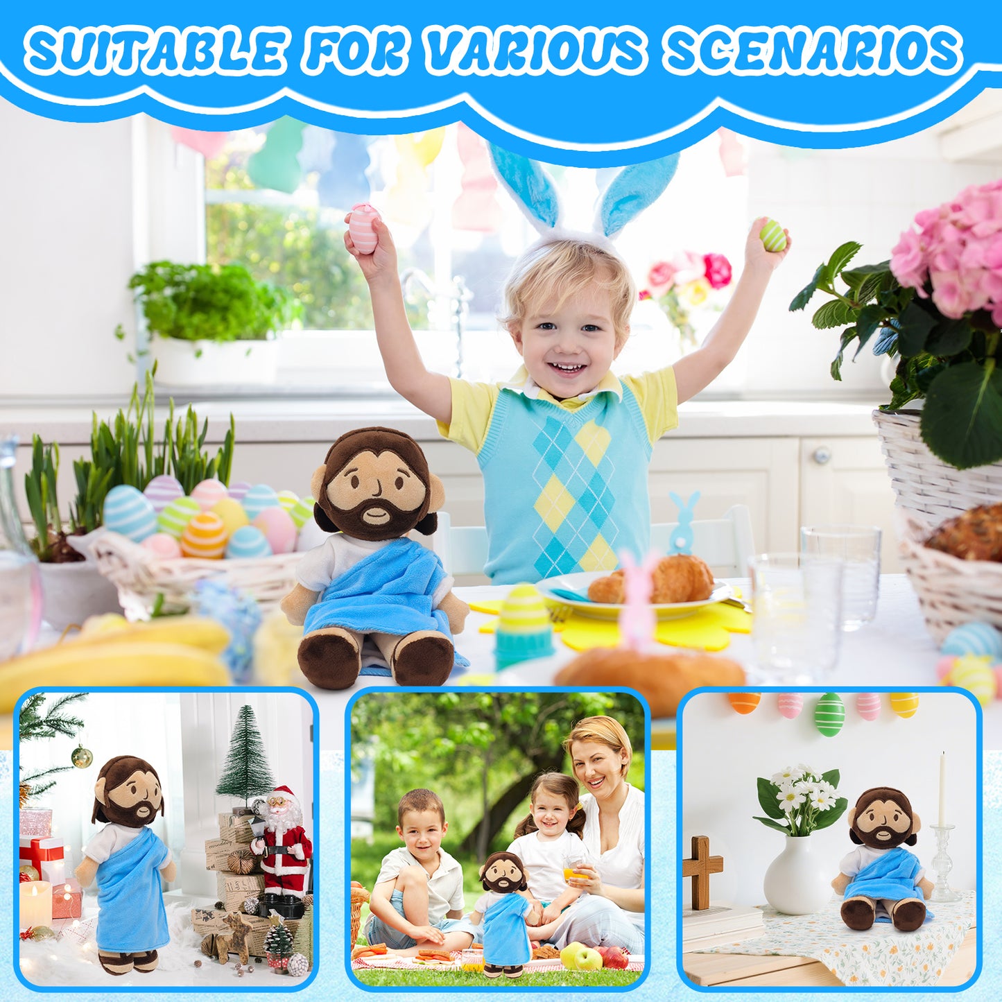 Blue Jesus Plush Toy-White/Brown
