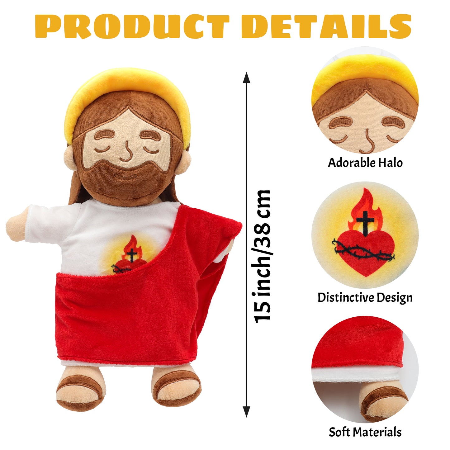 Breathing Jesus Plush Toy with Yellow Halo - Red and Brown