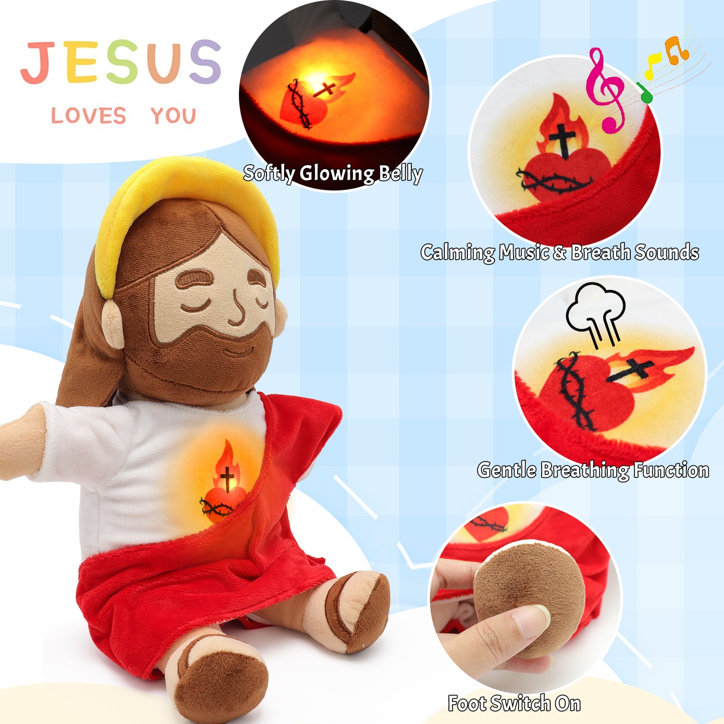 Breathing Jesus Plush Toy with Yellow Halo - Red and Brown