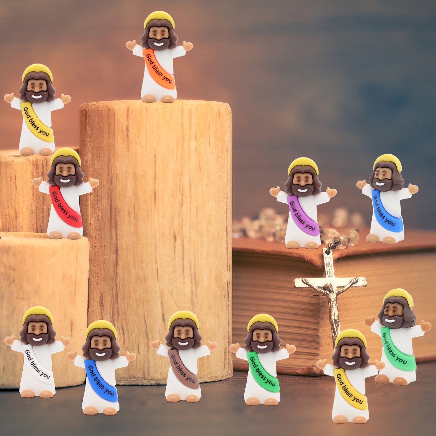 Little Jesus Figures with halo and Words-Brown