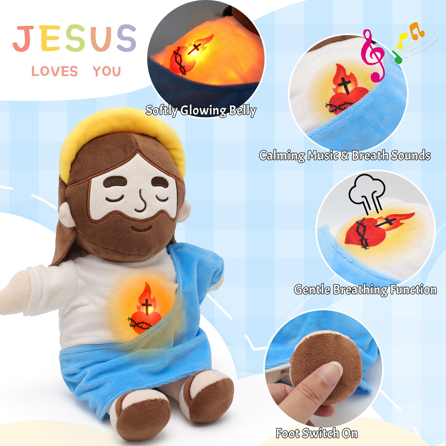 Breathing Jesus Plush Toy with Yellow Halo - Blue