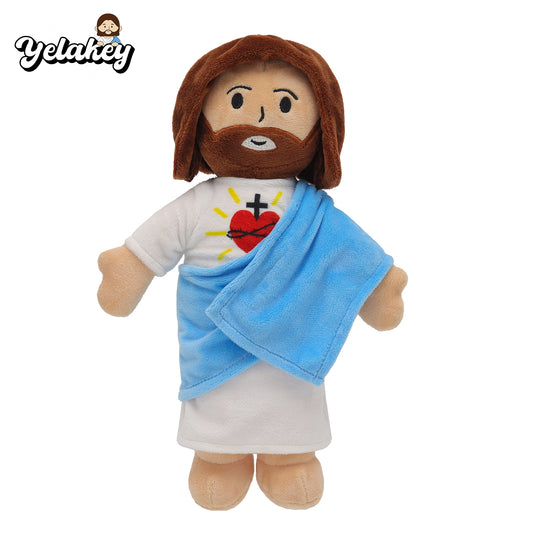 Blue Sacred Heart of Jesus Plush-White/Brown