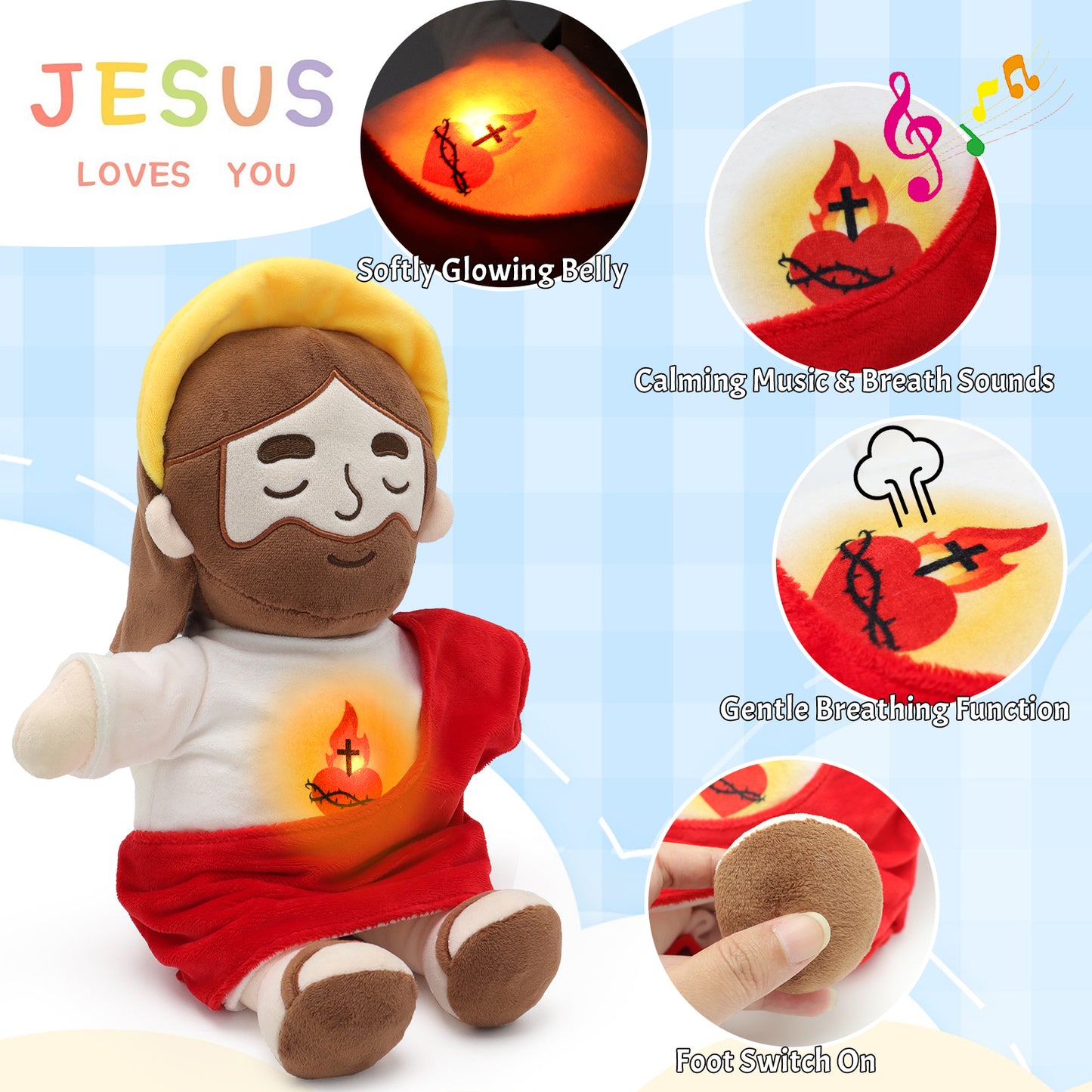 Breathing Jesus Plush Toy with Yellow Halo - Red