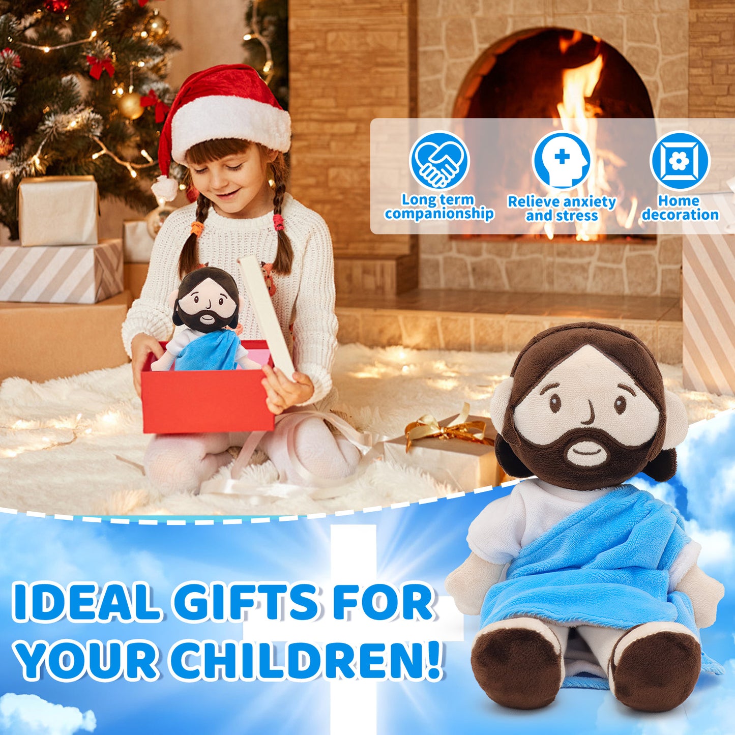 Blue Jesus Plush Toy-White/Brown